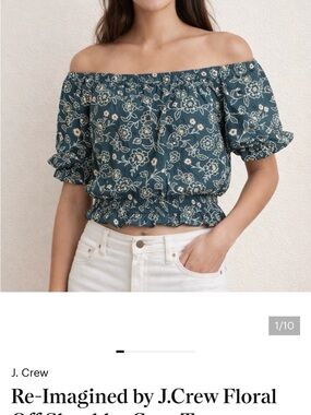 J. Crew Teal Floral Off-Shoulder Smocked Crop Top